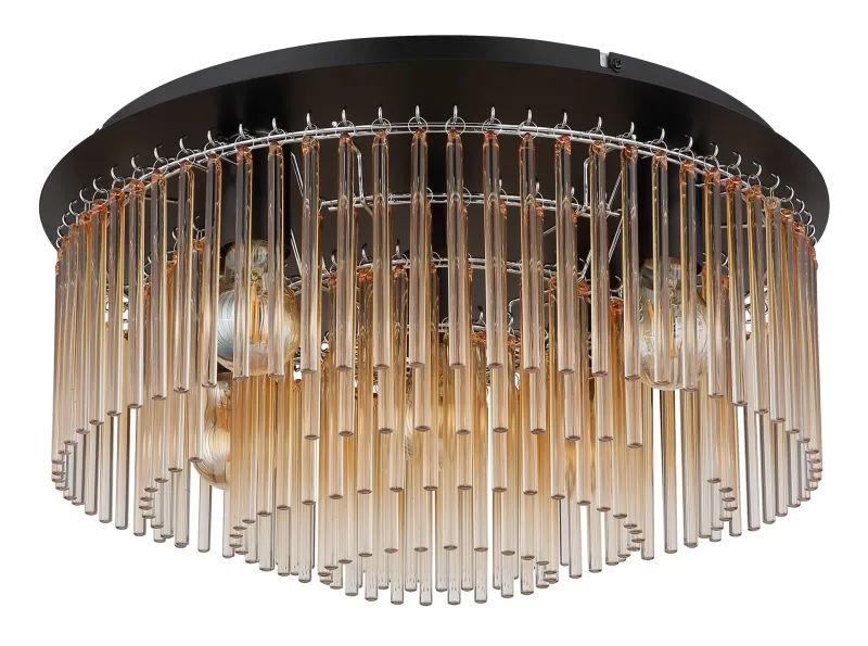 Gorley Ø50 Bernstein deckenleuchte Von Globo Lighting - Dess design imponerar med en stilfull kombination av mattsvart metall och dekorativa stavar i klart och amberf&auml;rgat glas.