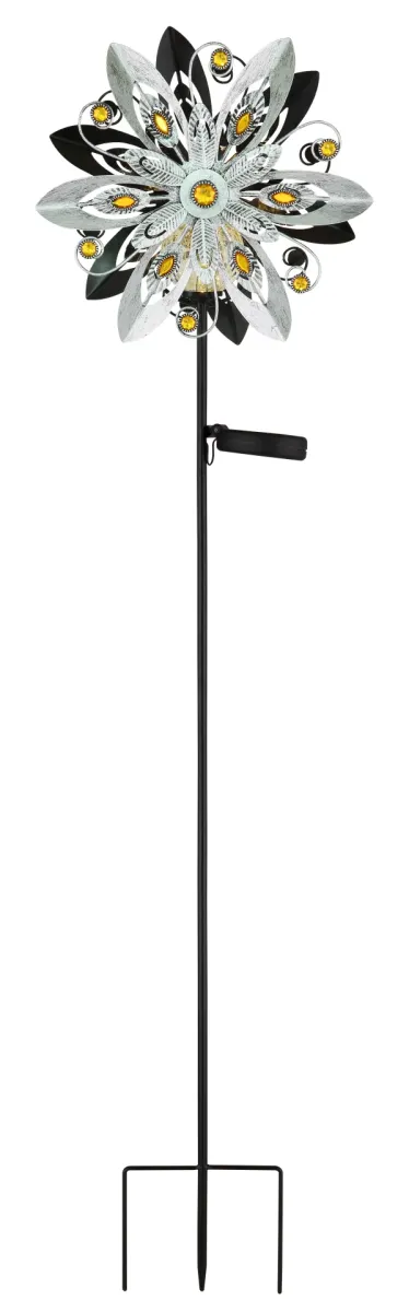 Wind Silber solarleuchte Von Globo Lighting - De dekorativa bladen roterar med vinden och skapar en vacker r&ouml;relse, medan den inbyggda solcellsbelysningen lyser upp i m&ouml;rkret f&ouml;r en magisk effekt.