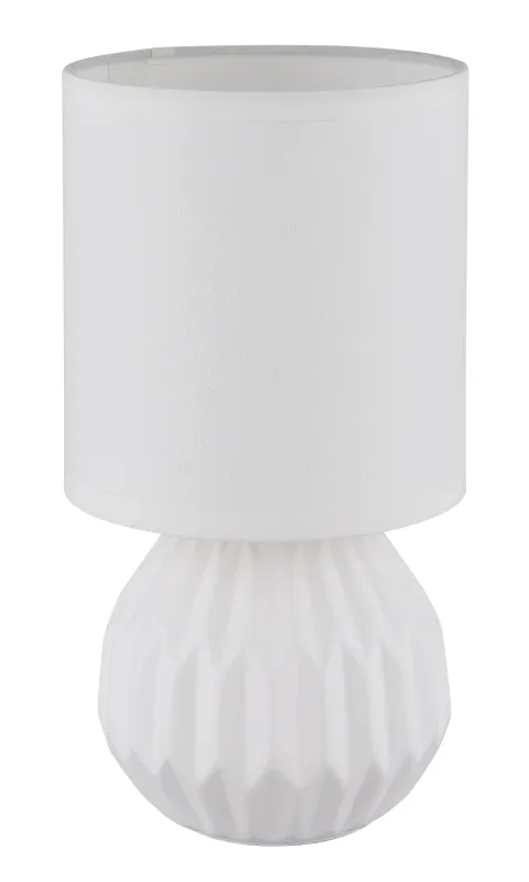 Sylas 23cm Weiß tischlampe Von Globo Lighting - Den rundade keramiska basen i elegant vitt och den matchande cylindriska textilsk&auml;rmen skapar en harmonisk och modern estetik.