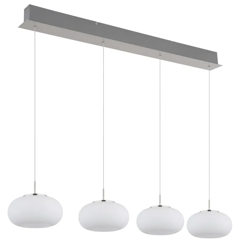 Quintara 110cm Nickel hängelampe Von Globo Lighting - Quintara&nbsp;&auml;r en stilren och modern takpendel med en rak metallram och fyra runda, sf&auml;riska glaskupor.