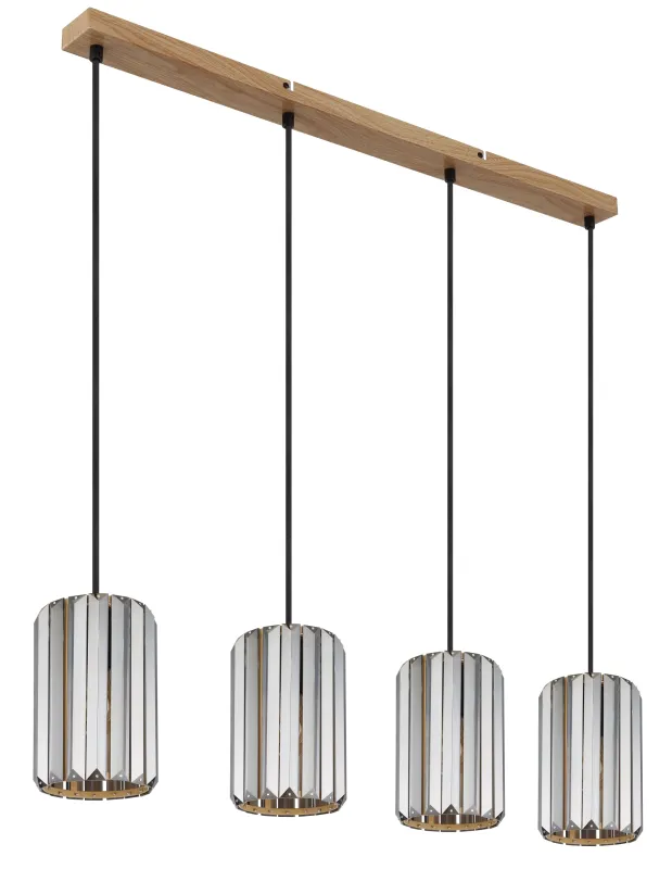Run 88cm Rauchfarben hängelampe Von Globo Lighting - Kombinationen av metall i tr&auml;utseende och de fyra sk&auml;rmarna med r&ouml;kf&auml;rgade K5-kristaller ger en harmonisk ljusspridning och en sofistikerad k&auml;nsla.