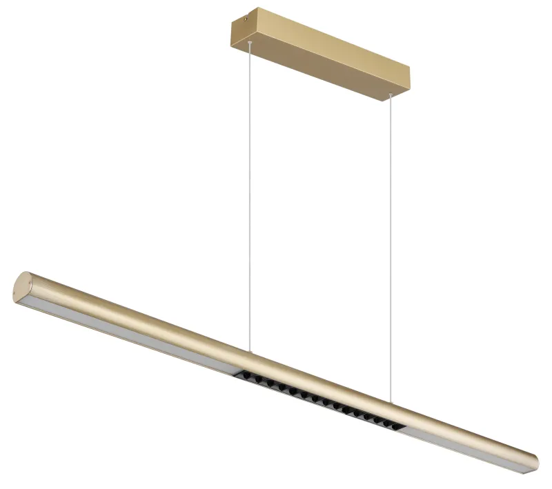 Cody 120cm Gold hängelampe Von Globo Lighting - Lampan &auml;r tillverkad av aluminium i en mattguld finish som ger ett elegant och tidl&ouml;st uttryck som smidigt sm&auml;lter in i olika inredningsstilar, perfekt f&ouml;r stora matbord eller k&ouml;ks&ouml;ar.