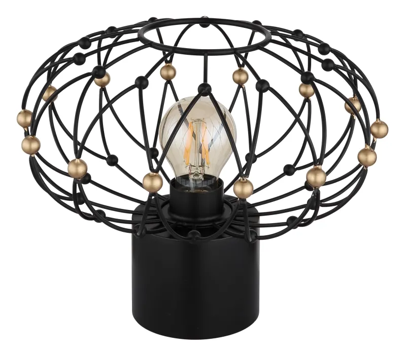 Greys 25cm Schwarz tischlampe Von Globo Lighting - Den runda metallsk&auml;rmen i mattsvart med dekorativa guldf&auml;rgade detaljer ger lampan ett sofistikerat uttryck och blir ett stilfullt inslag i hemmet.