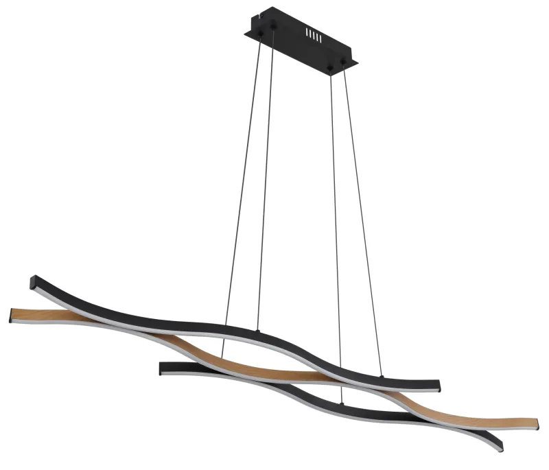 Geronimo 108cm Natur hängelampe Von Globo Lighting - Den mattsvarta metall- och aluminiumstommen, kompletterad med tr&auml;liknande dekorationer och en opalf&auml;rgad plastsk&auml;rm, ger en stilren och harmonisk estetik.