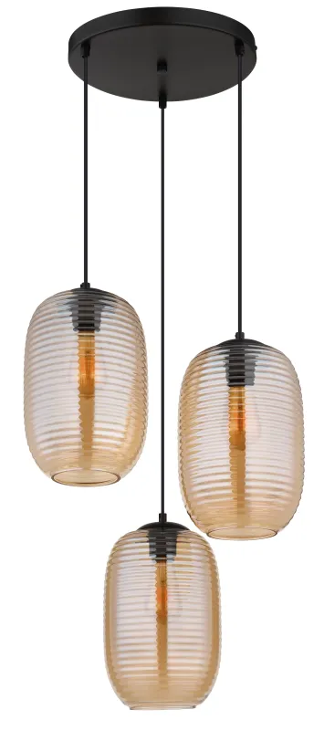 Jefrey Ø47 Bernstein hängelampe Von Globo Lighting - Denna eleganta taklampa har en rund form och &auml;r utrustad med tre rundade glaskupor i varm b&auml;rnstensf&auml;rg.