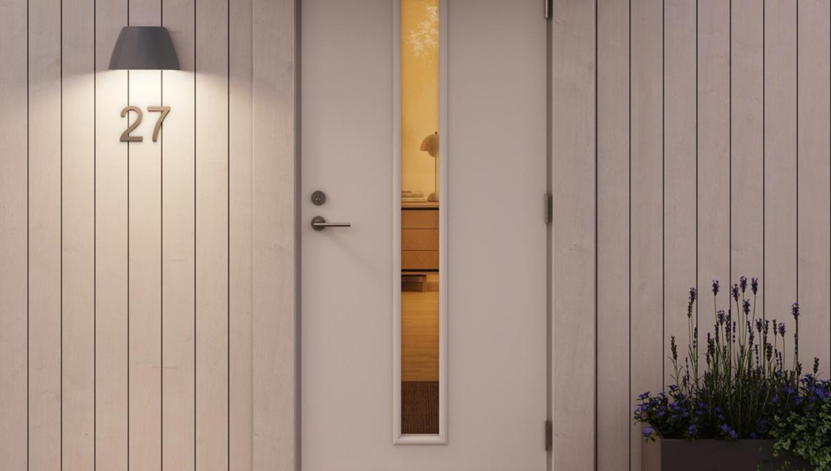 Wandleuchte OUT-02 Grau Von Plejd - OUT-02 ist eine intelligente Wandleuchte f&uuml;r den Au&szlig;enbereich mit einstellbarem Wei&szlig; und integrierter LED, die sich beispielsweise f&uuml;r die Beleuchtung von Fassaden eignet.