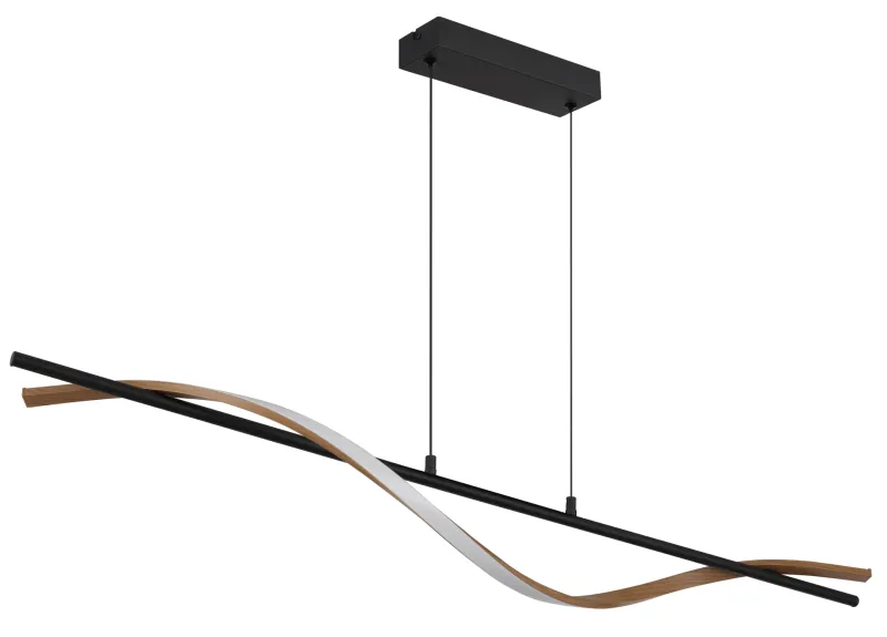 Watkins 115cm Schwarz hängelampe Von Globo Lighting - Den raka st&aring;ngen i mattsvart metall utstr&aring;lar enkel elegans, medan aluminium med m&ouml;rk tr&auml;look och den opalf&auml;rgade plastsk&auml;rmen skapar en harmonisk kontrast.