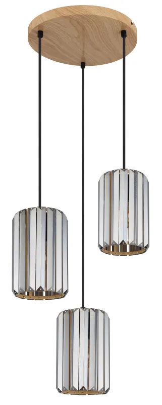 Run Ø35 Rauchfarben hängelampe Von Globo Lighting - Kombinationen av metall i tr&auml;utseende och de tre sk&auml;rmarna med r&ouml;kf&auml;rgade K5-kristaller ger en harmonisk ljusspridning och en sofistikerad k&auml;nsla.