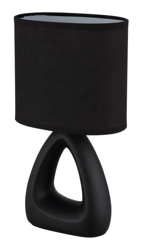 Triangle 30cm Schwarz tischlampe Von Globo Lighting - Den triangelformade basen med ett stilrent utskuret h&aring;l ger ett modernt intryck, medan den ovala textilsk&auml;rmen i svart f&auml;rg sprider ett behagligt och j&auml;mnt ljus.