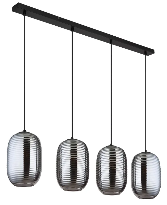 Jefrey 110cm Rauchfarben hängelampe Von Globo Lighting - Denna eleganta taklampa har en avl&aring;ng form och &auml;r utrustad med fyra rundade kupor i r&ouml;kf&auml;rgat glas.