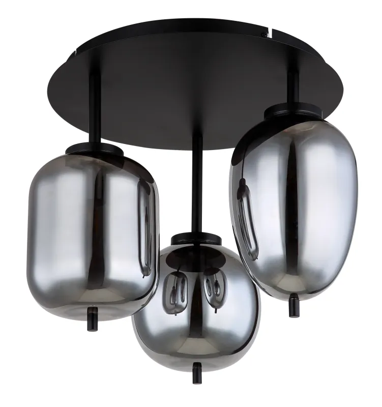 Blacky Ø46 Schwarz deckenleuchte Von Globo Lighting - Lampan &auml;r utrustad med 3st r&ouml;kf&auml;rgade glaskupor i olika former, som h&auml;nger fr&aring;n taket p&aring; mattsvarta st&auml;nger f&auml;sta vid en matchande bas.