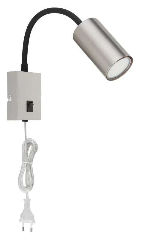 Robby Nickel leselampe Von Globo Lighting - Robby &auml;r en klassisk, kompakt v&auml;gglampa tillverkad i svart plast och matt nickelmetall, vilket ger en stilren och modern look.