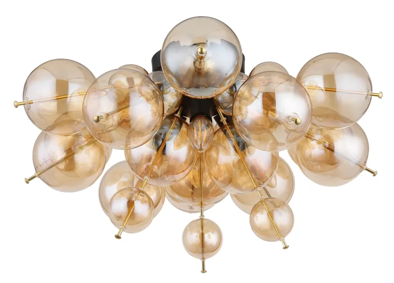 Udo Ø55 Bernstein deckenleuchte Von Globo Lighting - Dess unika design utm&auml;rks av en rund form d&auml;r guldf&auml;rgade metallstavar elegant sammanl&auml;nkas med varmt b&auml;rnstensf&auml;rgade glasklot i olika storlekar.