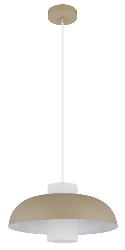 Lowe Ø38 Sand hängelampe Von Globo Lighting - Den runda sk&auml;rmen i matt sandf&auml;rgad metall ger ett elegant och tidl&ouml;st uttryck, medan den cylinderformade sk&auml;rmen i opalglas sprider ett mjukt och behagligt ljus.