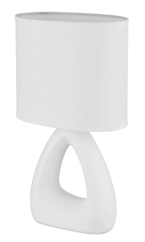 Triangle 30cm Weiß tischlampe Von Globo Lighting - Den triangelformade basen med ett stilrent utskuret h&aring;l ger ett modernt intryck, medan den ovala textilsk&auml;rmen i vit f&auml;rg sprider ett behagligt och j&auml;mnt ljus.