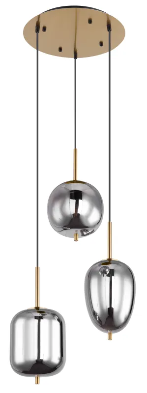 Blacky Ø46 Messing hängelampe Von Globo Lighting - Den best&aring;r av en rund m&auml;ssingsf&auml;rgad metallplatta, fr&aring;n vilken tre svarta kablar med r&ouml;kf&auml;rgade glasglober i olika former h&auml;nger.