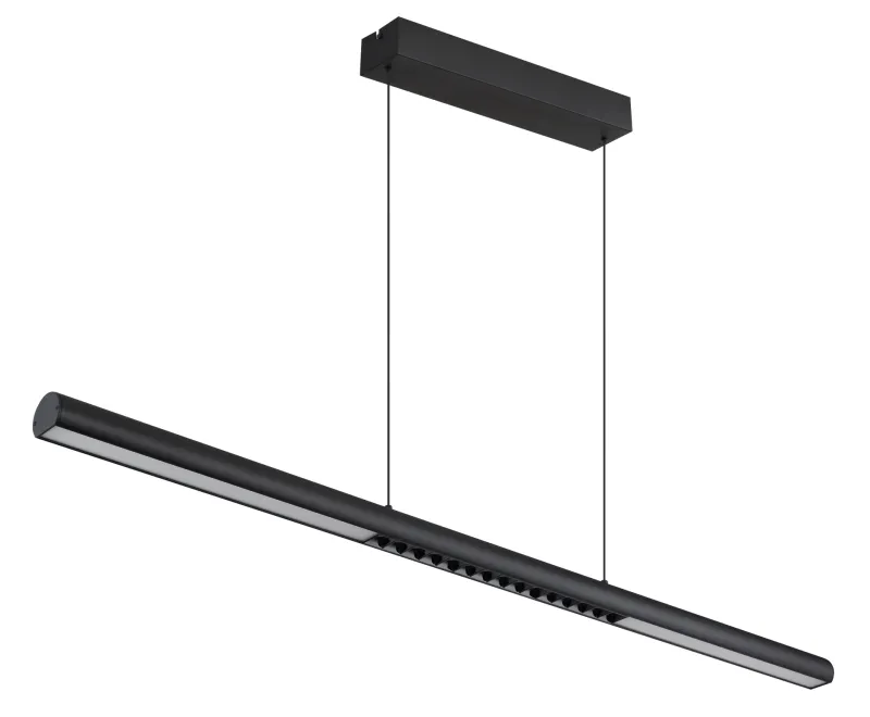 Cody 120cm Schwarz hängelampe Von Globo Lighting - Lampan &auml;r tillverkad av aluminium i en mattsvart finish som ger ett elegant och tidl&ouml;st uttryck som smidigt sm&auml;lter in i olika inredningsstilar, perfekt f&ouml;r stora matbord eller k&ouml;ks&ouml;ar.