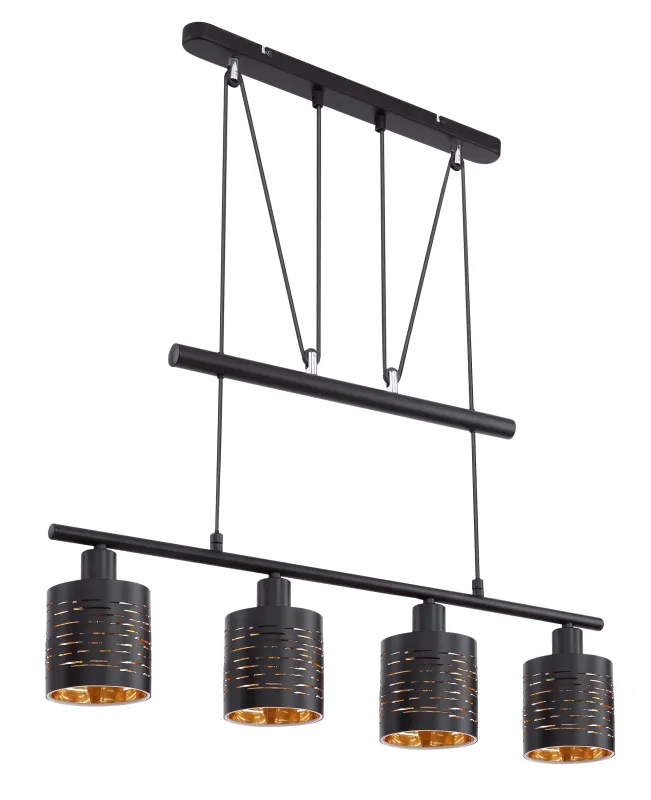 Tunno 70cm Schwarz hängelampe Von Globo Lighting - Perfekt f&ouml;r k&ouml;k eller vardagsrum, d&auml;r dess dekorativa utsk&auml;rningar, form och guldf&auml;rgade insida skapar en varm och inbjudande atmosf&auml;r.