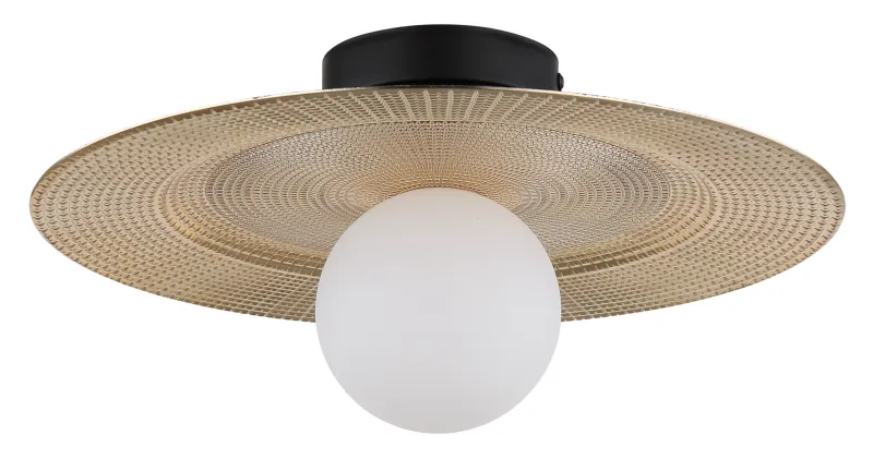 Riga Ø33 Gold deckenleuchte Von Globo Lighting - Lampan &auml;r tillverkad av mattsvart metall och den platta sk&auml;rmen i plast med nyanser av svart, guld och opal ger den en modern och sofistikerad design.