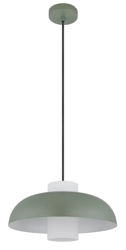 Lowe Ø38 Grün hängelampe Von Globo Lighting - Den runda sk&auml;rmen i matt gr&ouml;nf&auml;rgad metall ger ett elegant och tidl&ouml;st uttryck, medan den cylinderformade sk&auml;rmen i opalglas sprider ett mjukt och behagligt ljus.