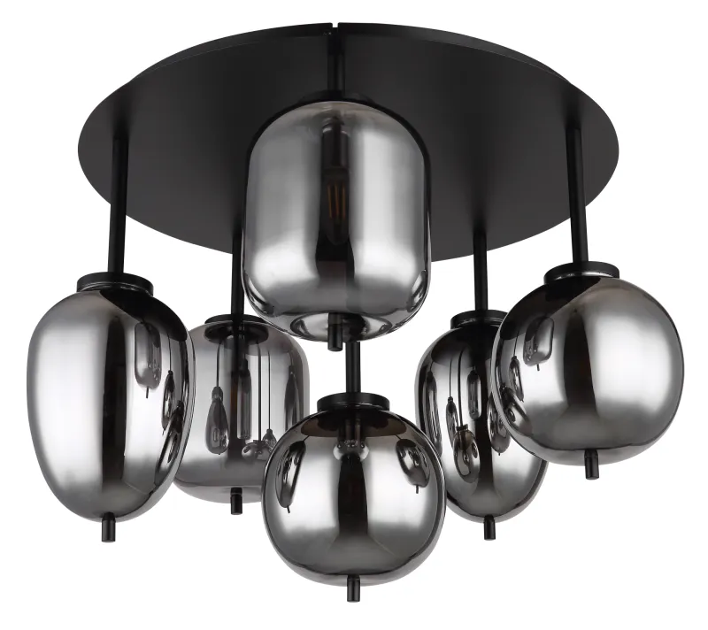 Blacky Ø63 Schwarz deckenleuchte Von Globo Lighting - Lampan &auml;r utrustad med 6st r&ouml;kf&auml;rgade glaskupor i olika former, som h&auml;nger fr&aring;n taket p&aring; mattsvarta st&auml;nger f&auml;sta vid en matchande bas.
