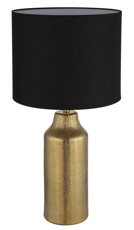 Elden 60cm Gold tischlampe Von Globo Lighting - Den guldf&auml;rgade keramiska basen i kombination med den svarta cylindriska textilsk&auml;rmen skapar en sofistikerad kontrast och blir en stilfull inredningsdetalj.