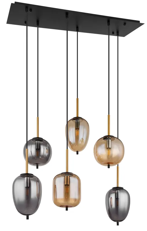 Blacky 80cm Bernstein hängelampe Von Globo Lighting - De sex r&ouml;k- och amberf&auml;rgade glasgloberna i olika former h&auml;nger fr&aring;n en svart, rektangul&auml;r takplatta och kan justeras upp till 120 cm fr&aring;n taket.