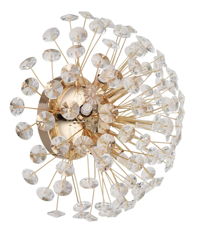 Katrina Ø40 Gold wandlampe Von Globo Lighting - Den runda stommen i guldf&auml;rgad metall och den halvsf&auml;riska sk&auml;rmen i klara K9-kristaller skapar en lyxig och inbjudande atmosf&auml;r.