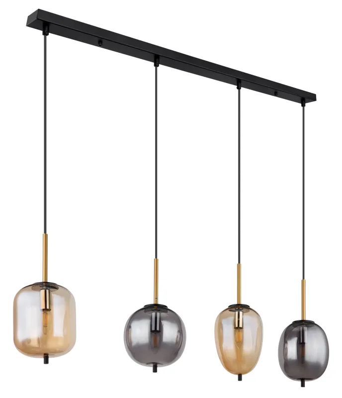 Blacky 110cm Bernstein hängelampe Von Globo Lighting - De fyra r&ouml;k- och amberf&auml;rgade glasgloberna i olika former h&auml;nger fr&aring;n en svart, rektangul&auml;r takplatta och kan justeras upp till 120 cm fr&aring;n taket.