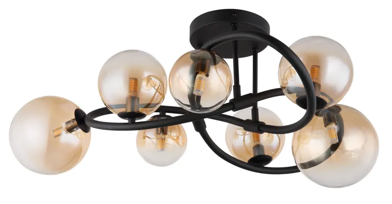 Tuberius Ø62 Bernstein deckenleuchte Von Globo Lighting - Lampan &auml;r tillverkad av mattsvart metall och &auml;r smyckad med 7st glas i en&nbsp;mjuk b&auml;rnstensf&auml;rgad ton, vilket skapar en st&auml;mningsfull ljusspridning.