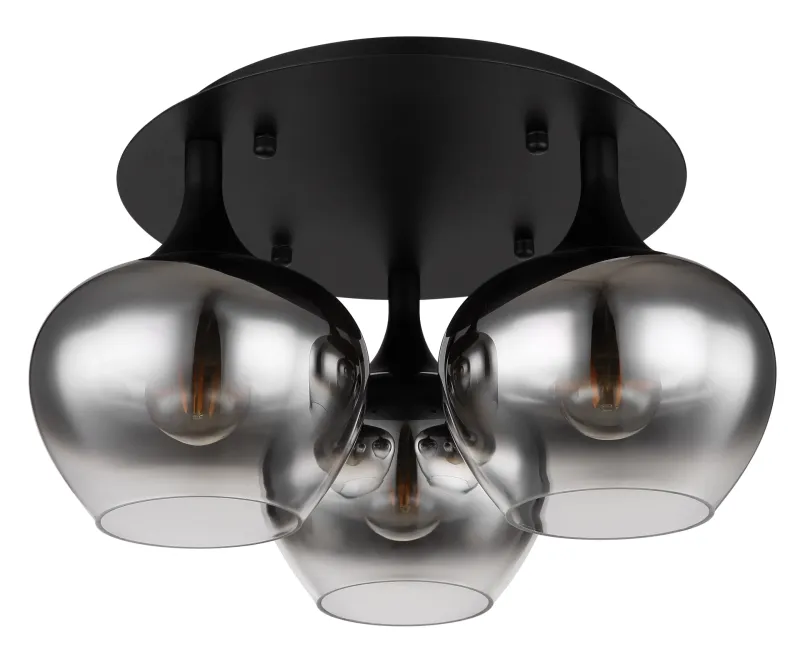 Maxy Ø45 Rauchfarben deckenleuchte Von Globo Lighting - P&aring; en rund takplatta av matttsvart metall sitter tre vackert formade r&ouml;kf&auml;rgade glaskupor.