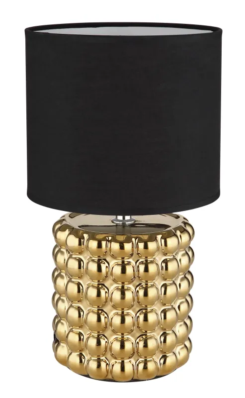 Valentino 33cm Gold tischlampe Von Globo Lighting - P&aring; en cylinderformad fot i guldf&auml;rgad keramik vilar en stilren, svart textilsk&auml;rm.