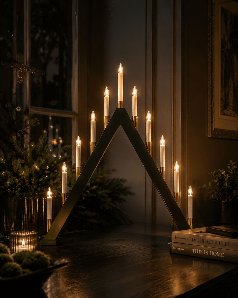 Hilda 11 Dunkelgrün Von Pixie Design - Das tiefe Dunkelgr&uuml;n harmoniert perfekt mit den goldfarbenen Manschetten und verleiht dem Kerzenst&auml;nder eine klassische und elegante Ausstrahlung mit weihnachtlichem Flair.