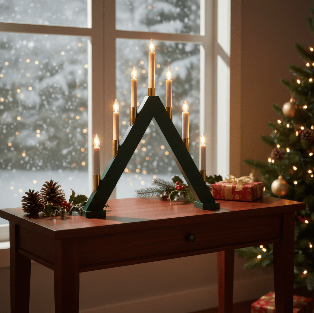 Hilda 7 Dunkelgrün Von Pixie Design - Die Kombination aus Dunkelgr&uuml;n und Gold verleiht dem Kerzenst&auml;nder eine warme und weihnachtliche Ausstrahlung.
