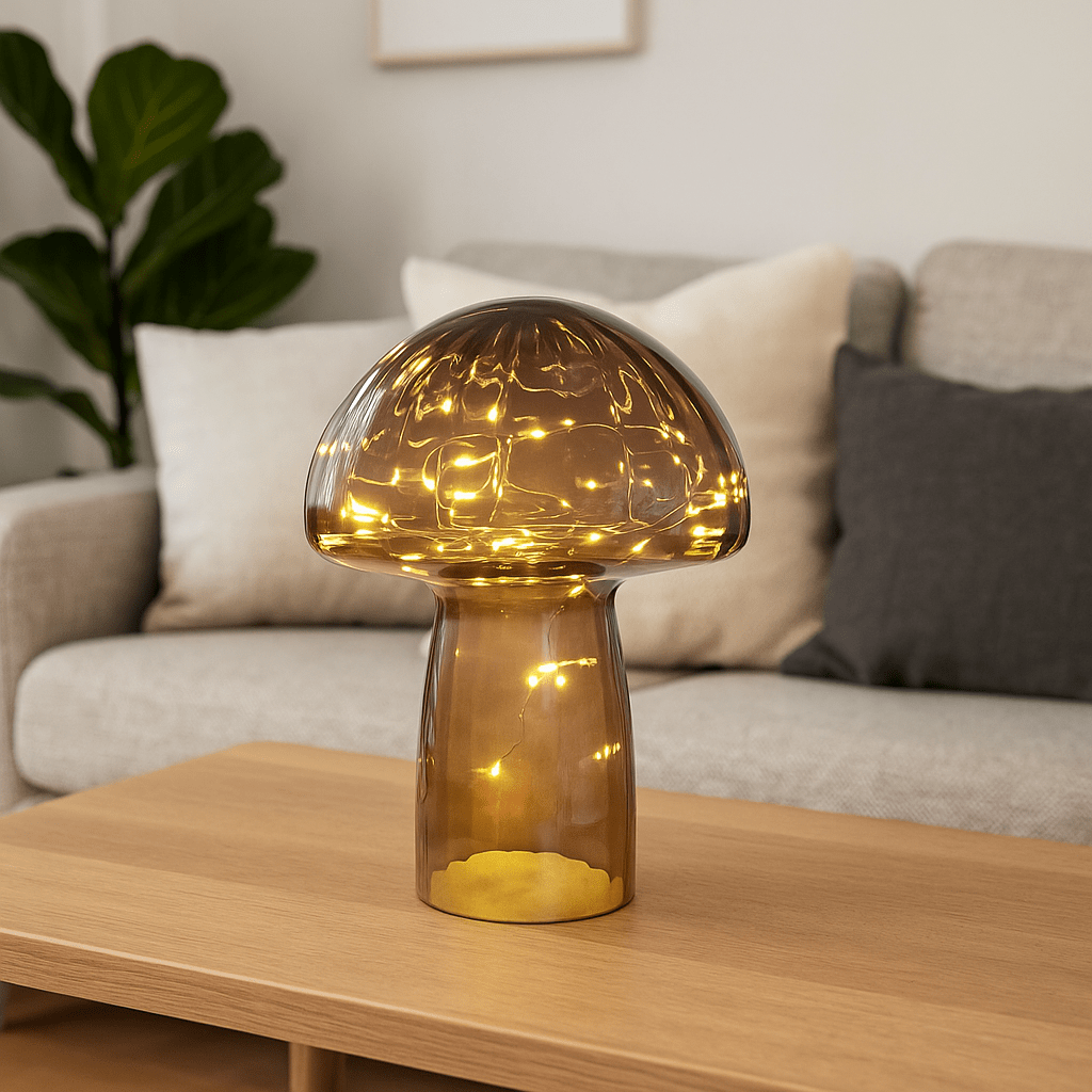 Mushroom 23cm Kastanienbraun tischlampe Von Pixie Design - Sie ist mit einem Timer und einem praktischen 5-Stufen-Dimmer ausgestattet, um das Licht bedarfsgerecht anzupassen und eignet sich somit sowohl perfekt als Arbeitsbeleuchtung als auch als gem&uuml;tliche Abendbeleuchtung.