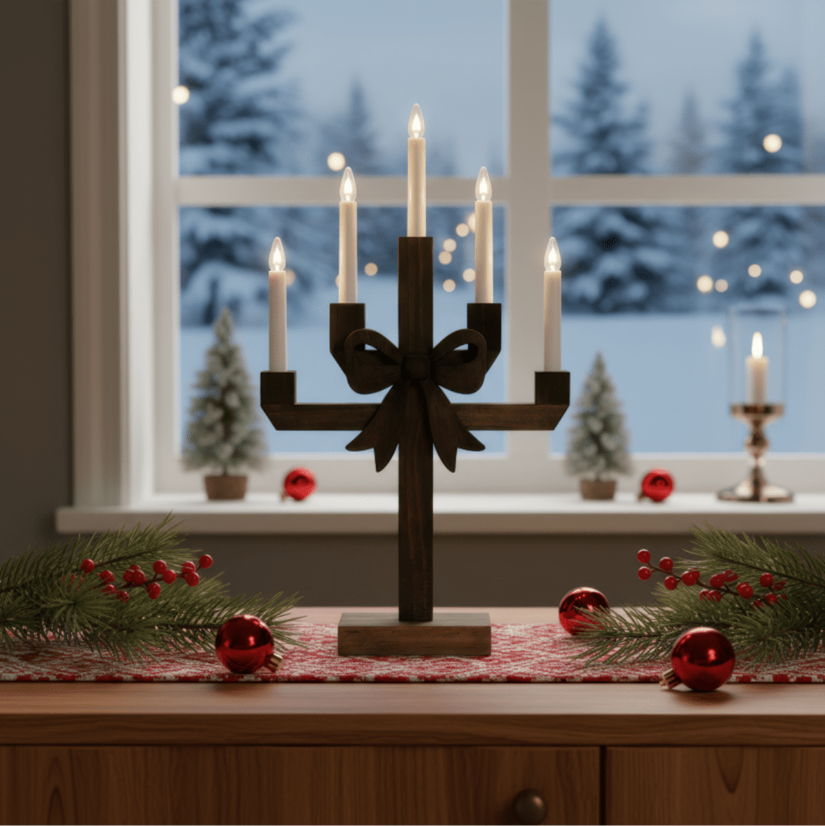 Kerstin Brauner Fleck Von Pixie Design - Kerstin ist ein dekorativer Kerzenst&auml;nder aus dunkelbraun gebeiztem Holz, verziert mit einer gro&szlig;en Schleife, die ihm einen charmanten und verspielten Ausdruck verleiht.