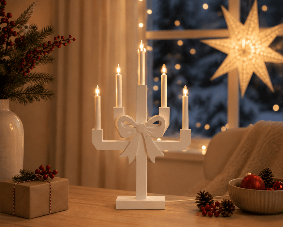 Kerstin Weiß Von Pixie Design - Kerstin ist ein dekorativer Kerzenst&auml;nder aus Holz, wei&szlig; lackiert und mit einer gro&szlig;en Schleife verziert, die ihm einen charmanten und verspielten Ausdruck verleiht.