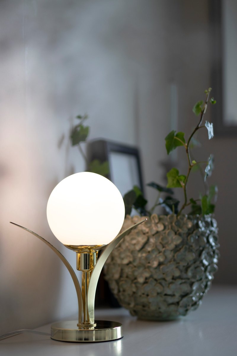 Savoy 26cm Messing tischlampe Von Globen Lighting - Tischlampe mit drei wunderschönen, messingbeschichteten Biegeblättern, die in der Mitte ein opalfarbenes, rundes Glas halten.