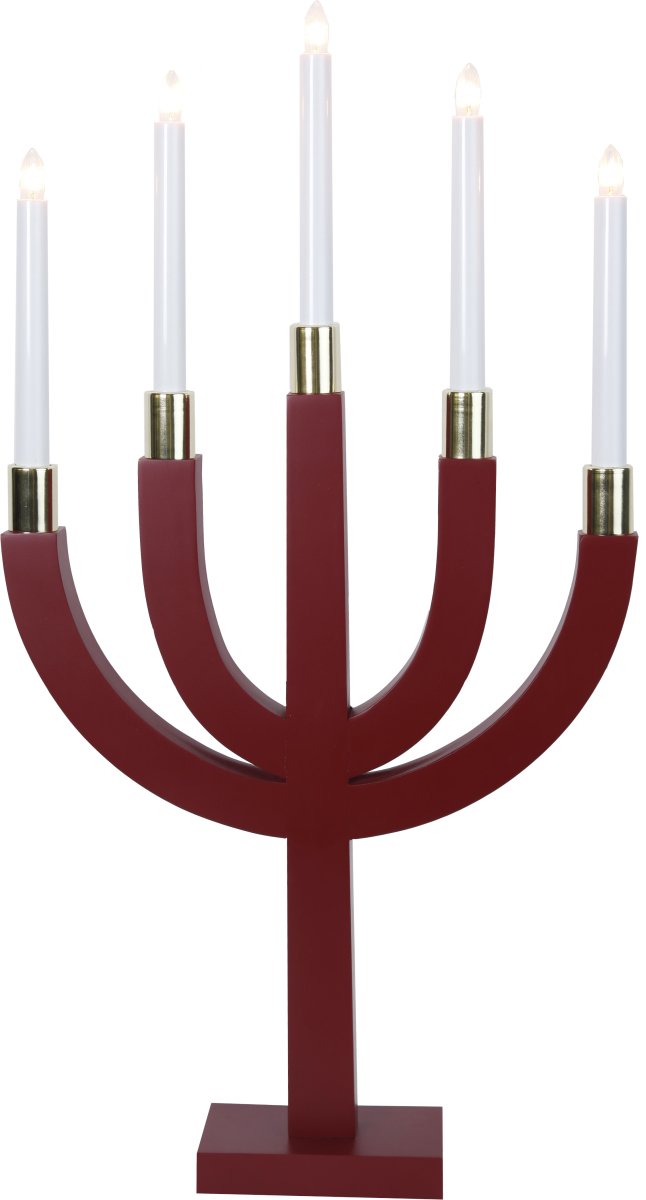 Elias ROT Von Star Trading - Roter Kerzenst&auml;nder aus Holz mit Messingsockel an den Lampen.