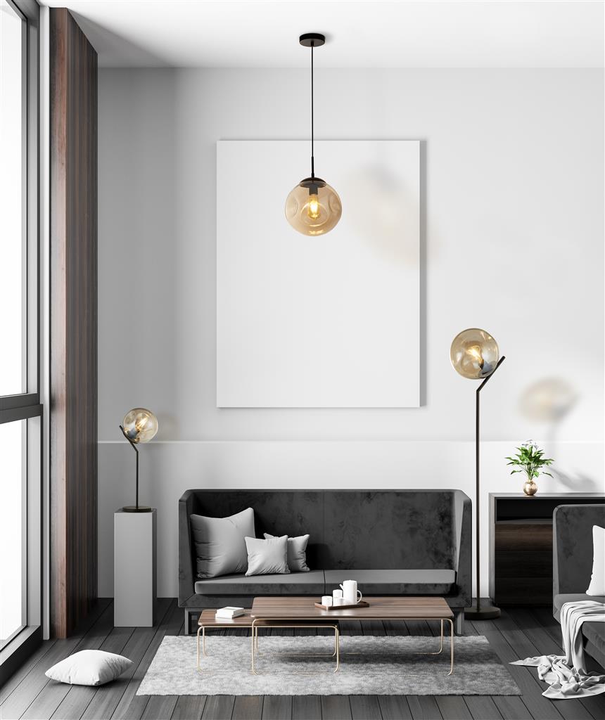 Punch Ø25 Sekt hängelampe Von Searchlight - Das leicht konkave Glas bildet in Kombination mit dem schwarzen Metallgestell einen modernen und eleganten Kontrast, der zu vielen verschiedenen Einrichtungsstilen passt.