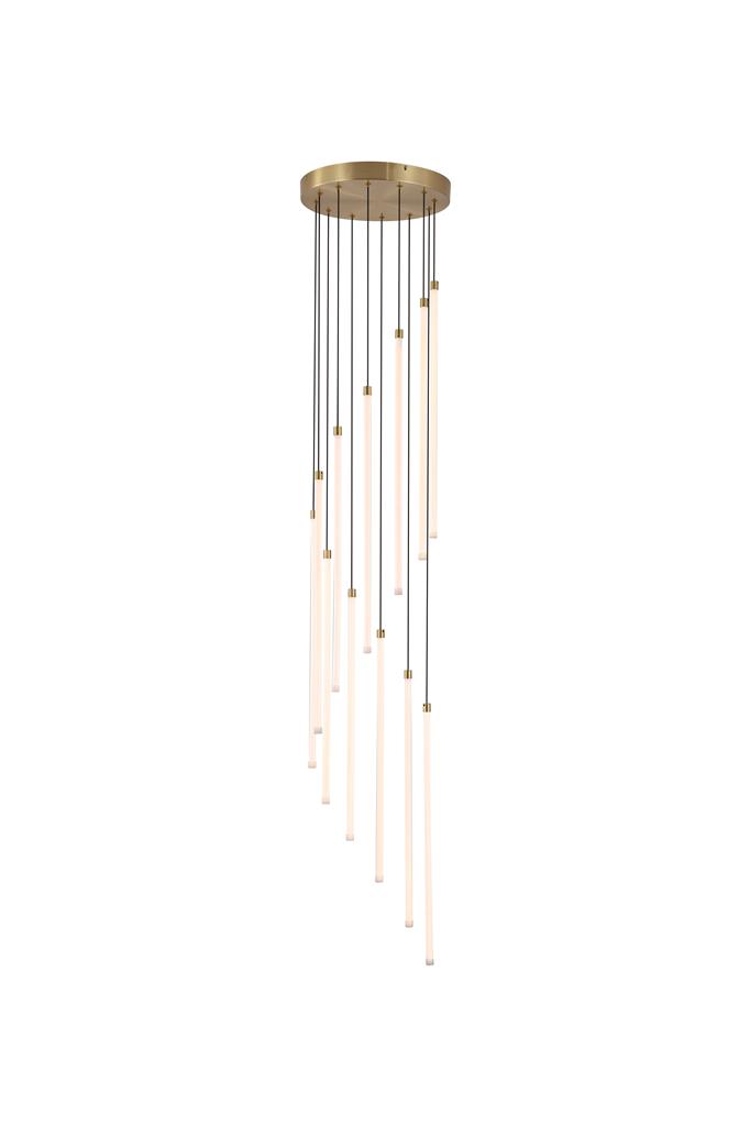 Flare Ø35 Messing hängelampe Von Searchlight - Zwölf schlanke, weiße Stäbe mit integrierter LED-Beleuchtung hängen in unterschiedlichen Längen von einer Deckenleiste aus Metall mit satiniertem Messing-Finish herab und erzeugen eine beeindruckende, wasserfallartige Silhouette.
