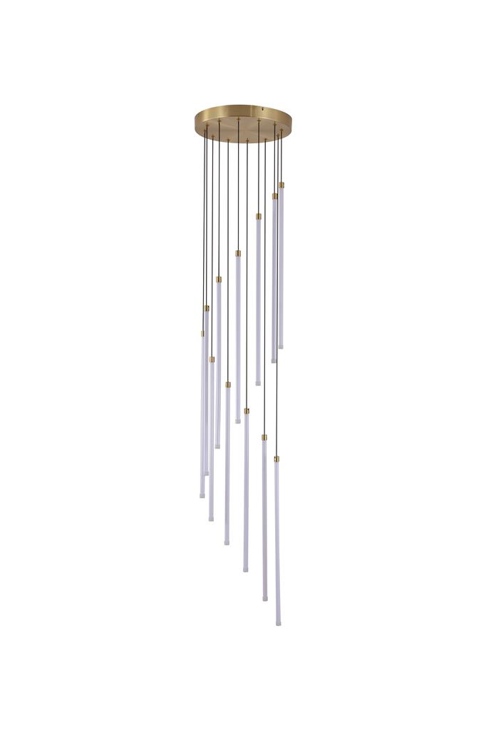 Flare Ø35 Messing hängelampe Von Searchlight - Zwölf schlanke, weiße Stäbe mit integrierter LED-Beleuchtung hängen in unterschiedlichen Längen von einer Deckenleiste aus Metall mit satiniertem Messing-Finish herab und erzeugen eine beeindruckende, wasserfallartige Silhouette.