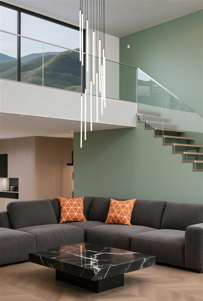 Flare Ø35 Messing hängelampe Von Searchlight - Zwölf schlanke, weiße Stäbe mit integrierter LED-Beleuchtung hängen in unterschiedlichen Längen von einer Deckenleiste aus Metall mit satiniertem Messing-Finish herab und erzeugen eine beeindruckende, wasserfallartige Silhouette.