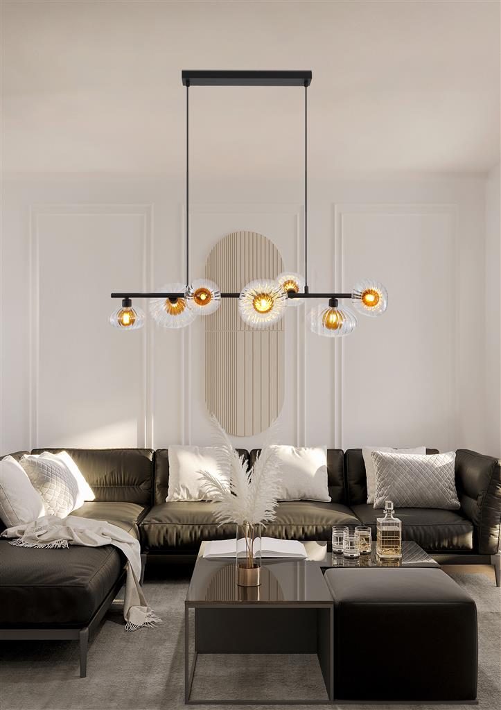 Sunbeam 90cm Transparent/schwarz hängelampe Von Searchlight - Der schwarze Rahmen setzt einen klaren Kontrast zu den warmen Farbtönen und unterstreicht den modernen und charakteristischen Ausdruck der Leuchte.