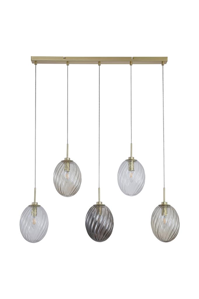 Whirl 92cm Messing hängelampe Von Searchlight - Die spiralförmigen Rippen im Glas erzeugen Struktur und eine lebendige Lichtverteilung, die dem Raum eine sanfte und einladende Atmosphäre verleiht.