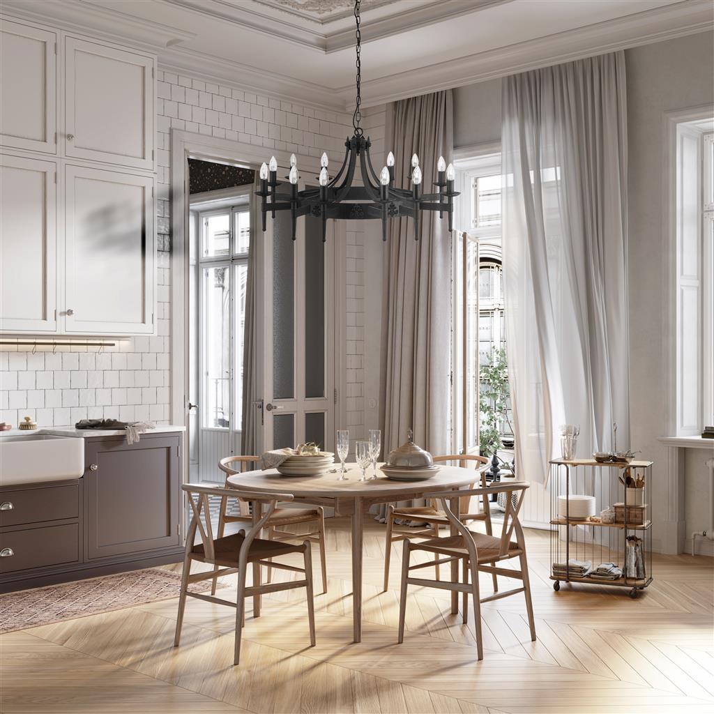 Cartwheel II Ø105 Schwarz hängelampe Von Searchlight - Dieser beeindruckende Kronleuchter im gotischen Stil eignet sich perfekt f&uuml;r Schlafzimmer, Wohnzimmer, Esszimmer oder K&uuml;chen, in denen Sie eine warme, traditionelle Atmosph&auml;re schaffen m&ouml;chten.