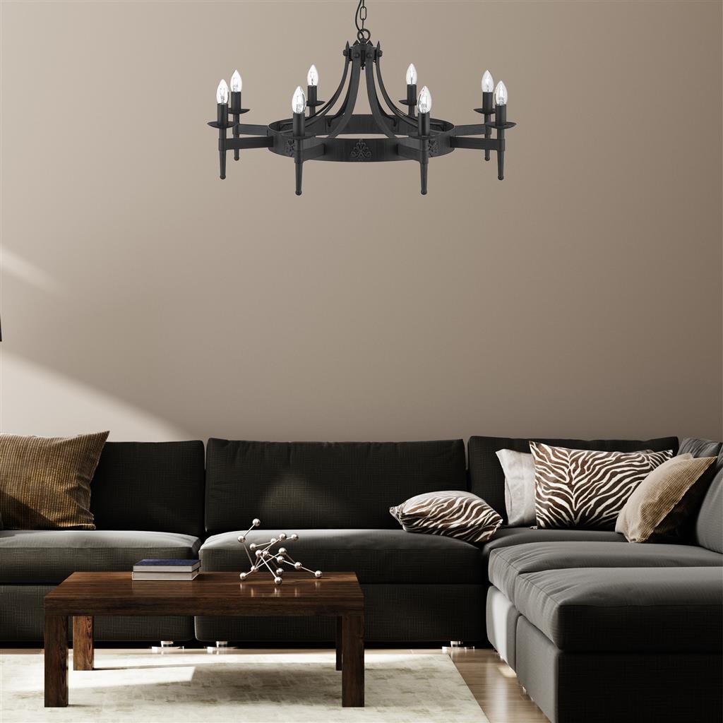 Cartwheel II Ø85 Schwarz hängelampe Von Searchlight - Dieser beeindruckende Kronleuchter im gotischen Stil eignet sich perfekt f&uuml;r Schlafzimmer, Wohnzimmer, Esszimmer oder K&uuml;chen, in denen Sie eine warme, traditionelle Atmosph&auml;re schaffen m&ouml;chten.
