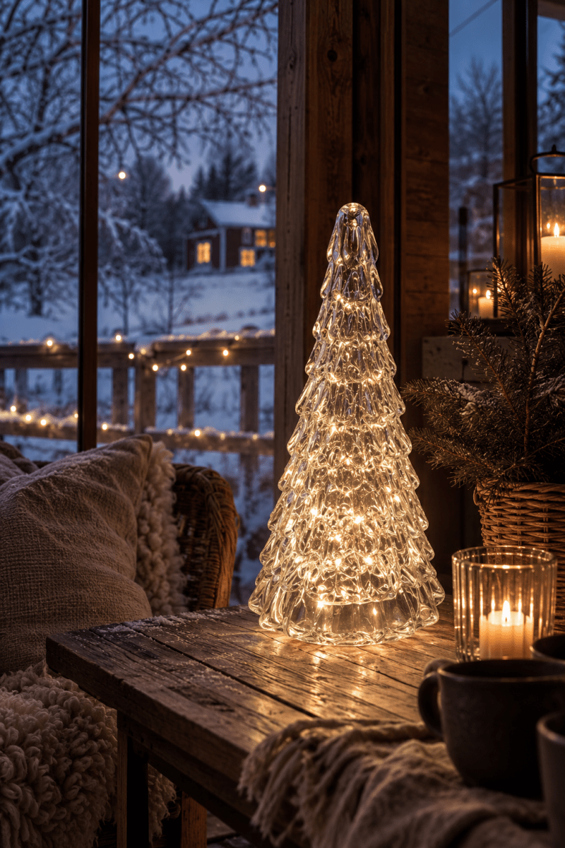Fichte 30cm Transparent Von Pixie Design - Der formsch&ouml;ne Tannenbaum verf&uuml;gt &uuml;ber eine integrierte Lichterkette mit 100 kleinen LEDs, die ein angenehmes, warmwei&szlig;es Licht verbreiten.