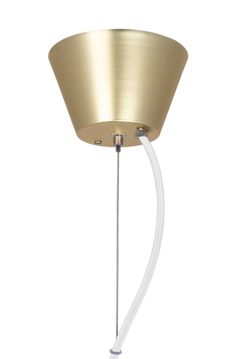 Gemini 87cm Gebürstetes Messing hängelampe Von Globen Lighting - Gemini besteht aus geb&uuml;rstetem messingfarbenem Metall und verf&uuml;gt &uuml;ber ein 120 cm langes wei&szlig;es Textilkabel, Draht und Deckenbecher aus mattwei&szlig; lackiertem Metall.