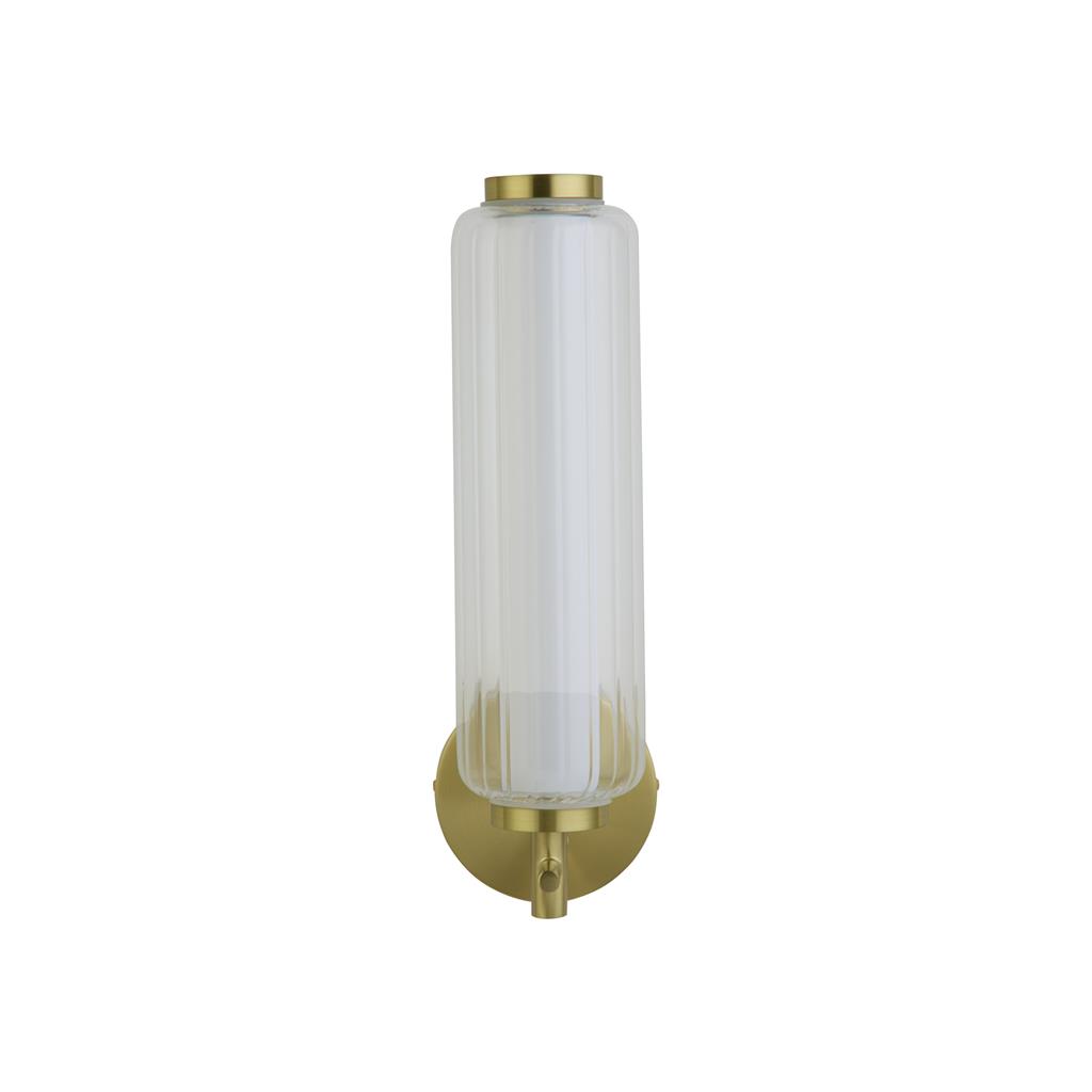 Mod 32cm Messing wandlampe Von Searchlight - Das geriffelte Glas erzeugt ein wundersch&ouml;nes Lichtspiel mit Schatten und Reflexionen, das dem Raum zus&auml;tzliche Tiefe und Charakter verleiht.